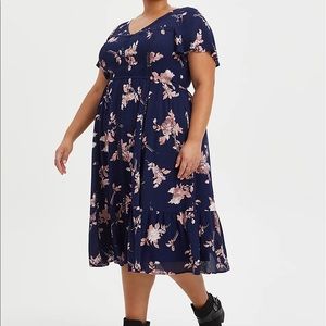 Torrid 4/4X/26 Blue Floral Gauze Skater Midi Dress